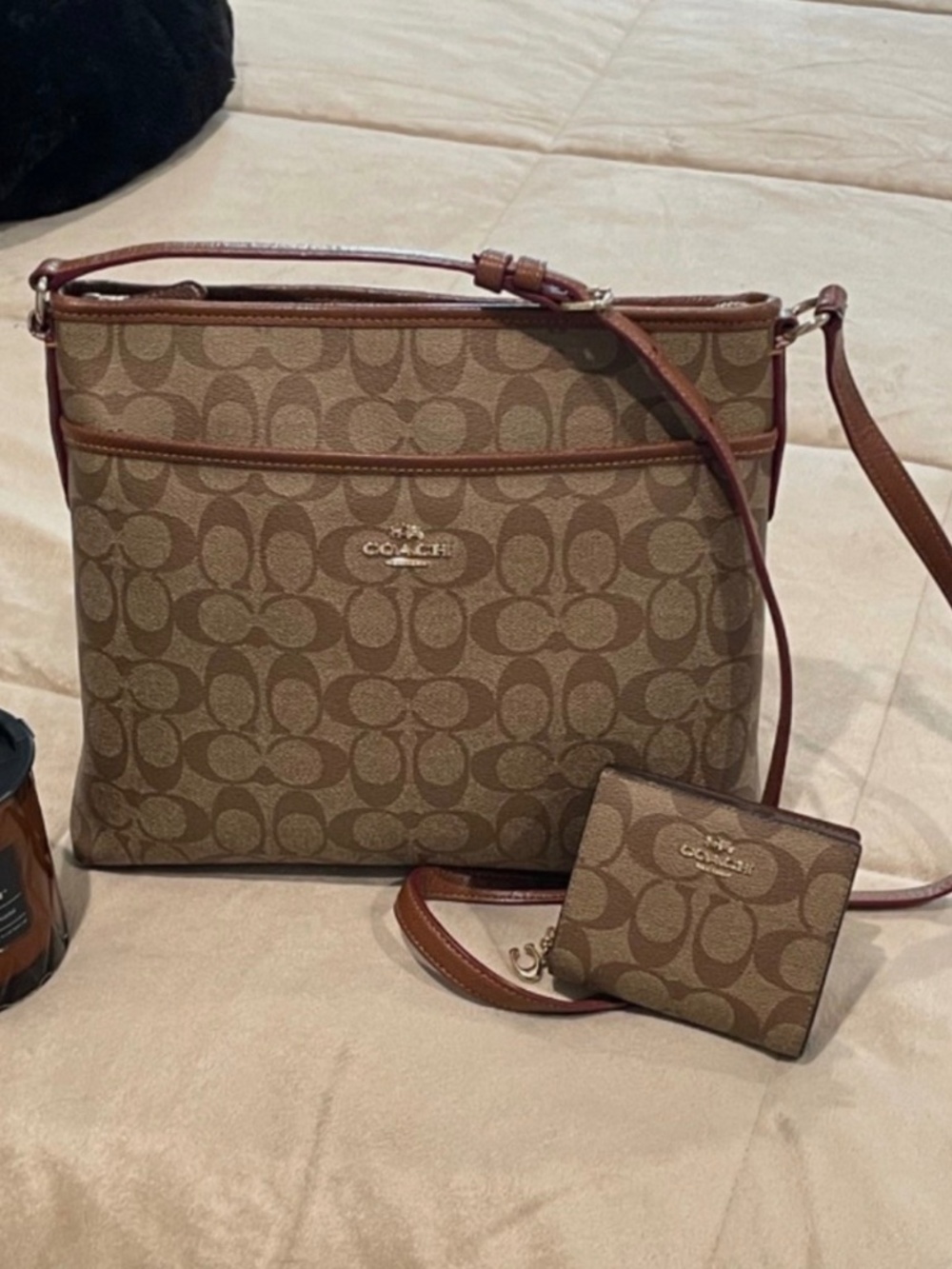 Coach Brown Leather Canvas Crossbody Bag Matching Wallet Signature Print Unisex